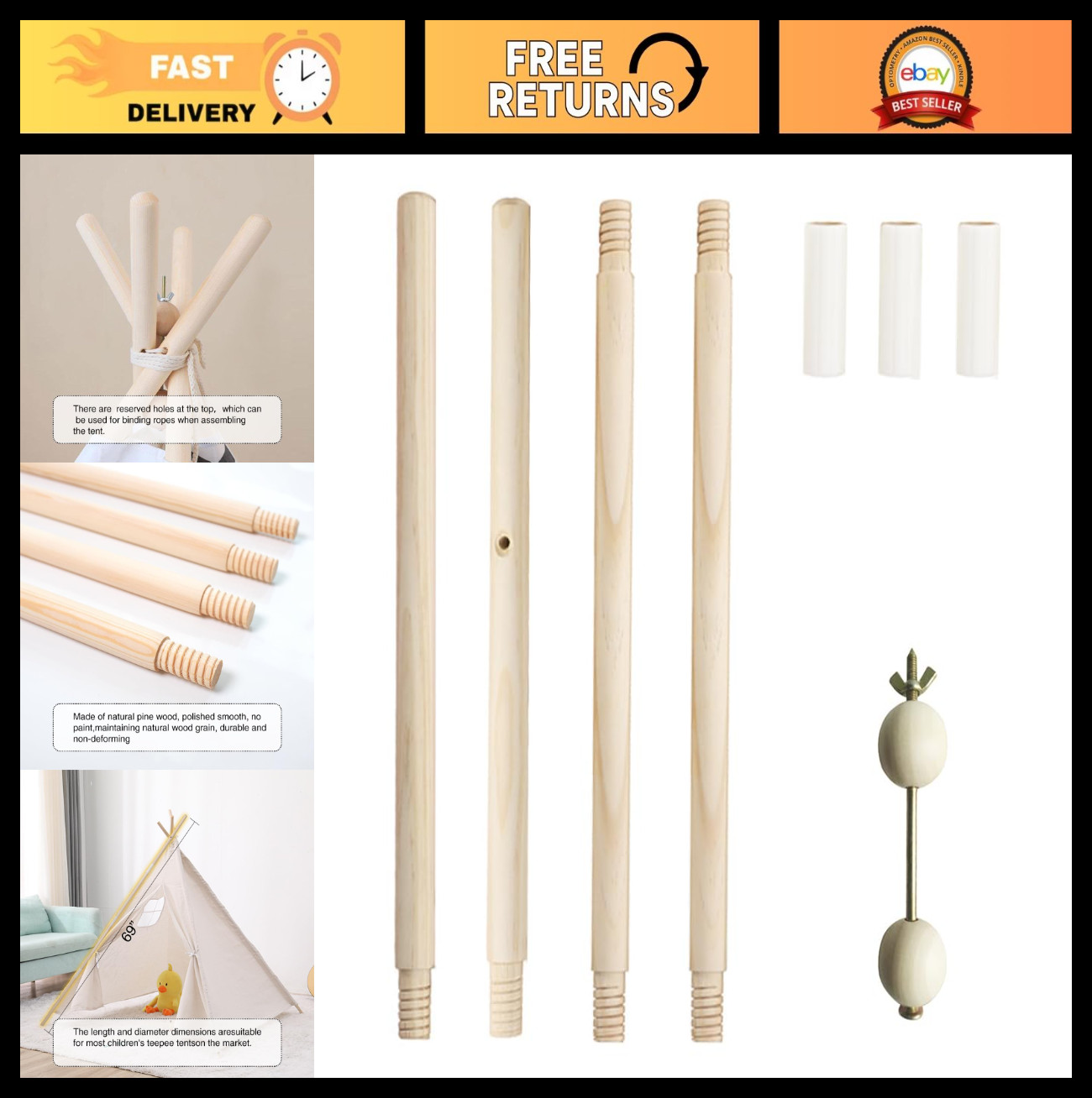 Teepee Replacement Pole Kit - Natural Pine Wood Stabilizer for Tent Support