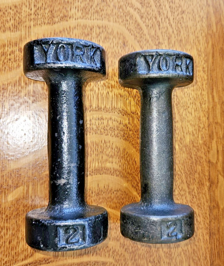 Vintage York Dumbbells Pair Of 2 Lb Cast Iron Round Head Pre - USA Mark