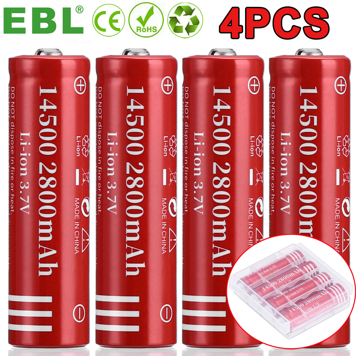 4X 14500 Battery 800mAh Li-ion 3.7V Rechargeable Batteries Cell For Flashlight