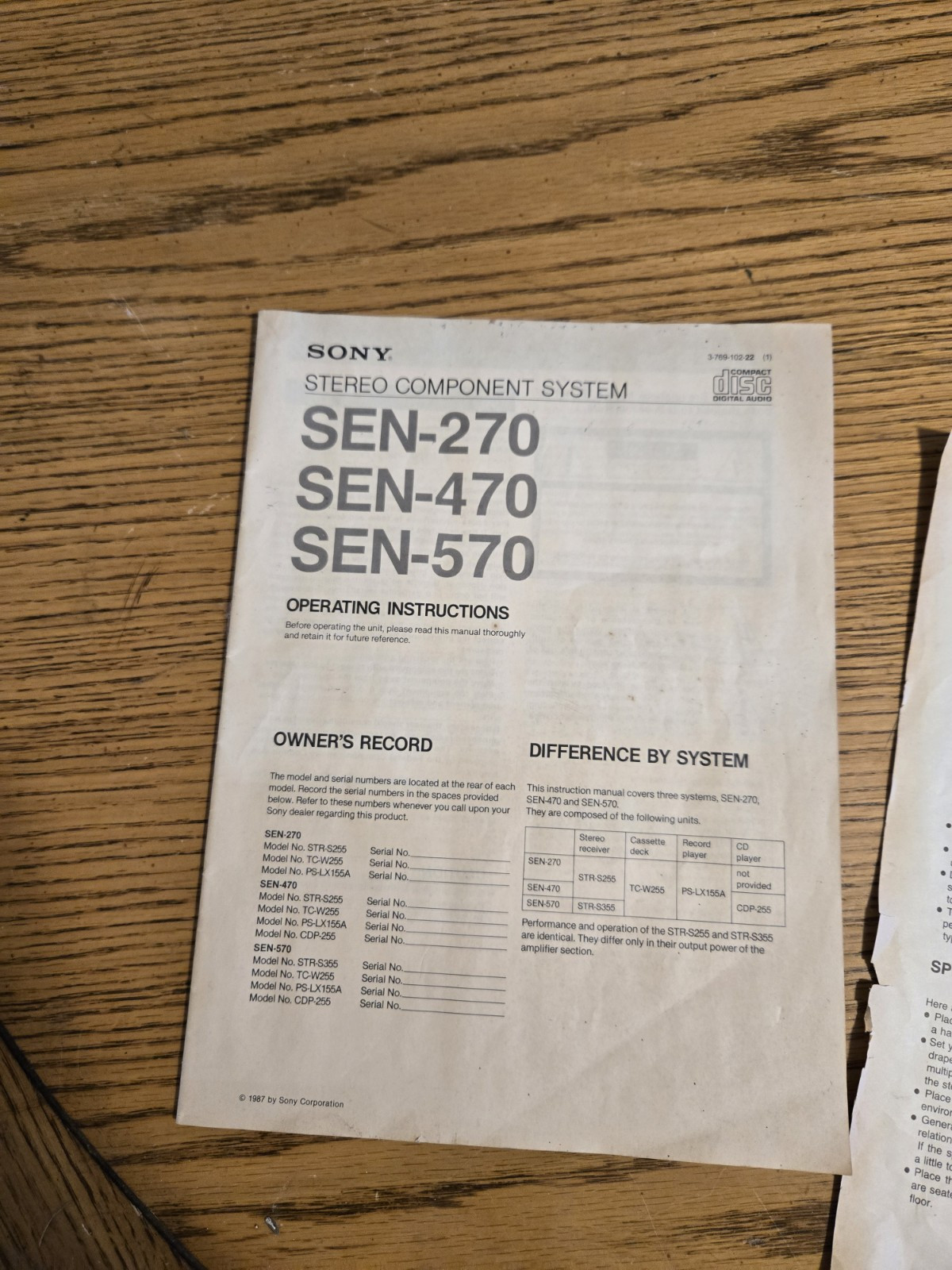 Vintage Sony Sen-570 Instruction Manual
