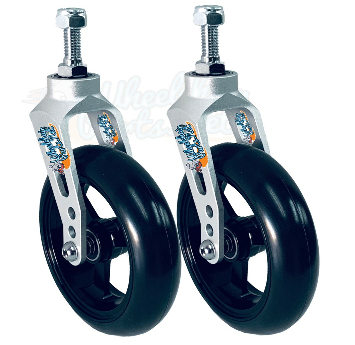 ALUMINUM CASTER FORK (SILVER) ASSEMBLY WITH WHEELS. CHOOSE YOUR WHEEL SIZE
