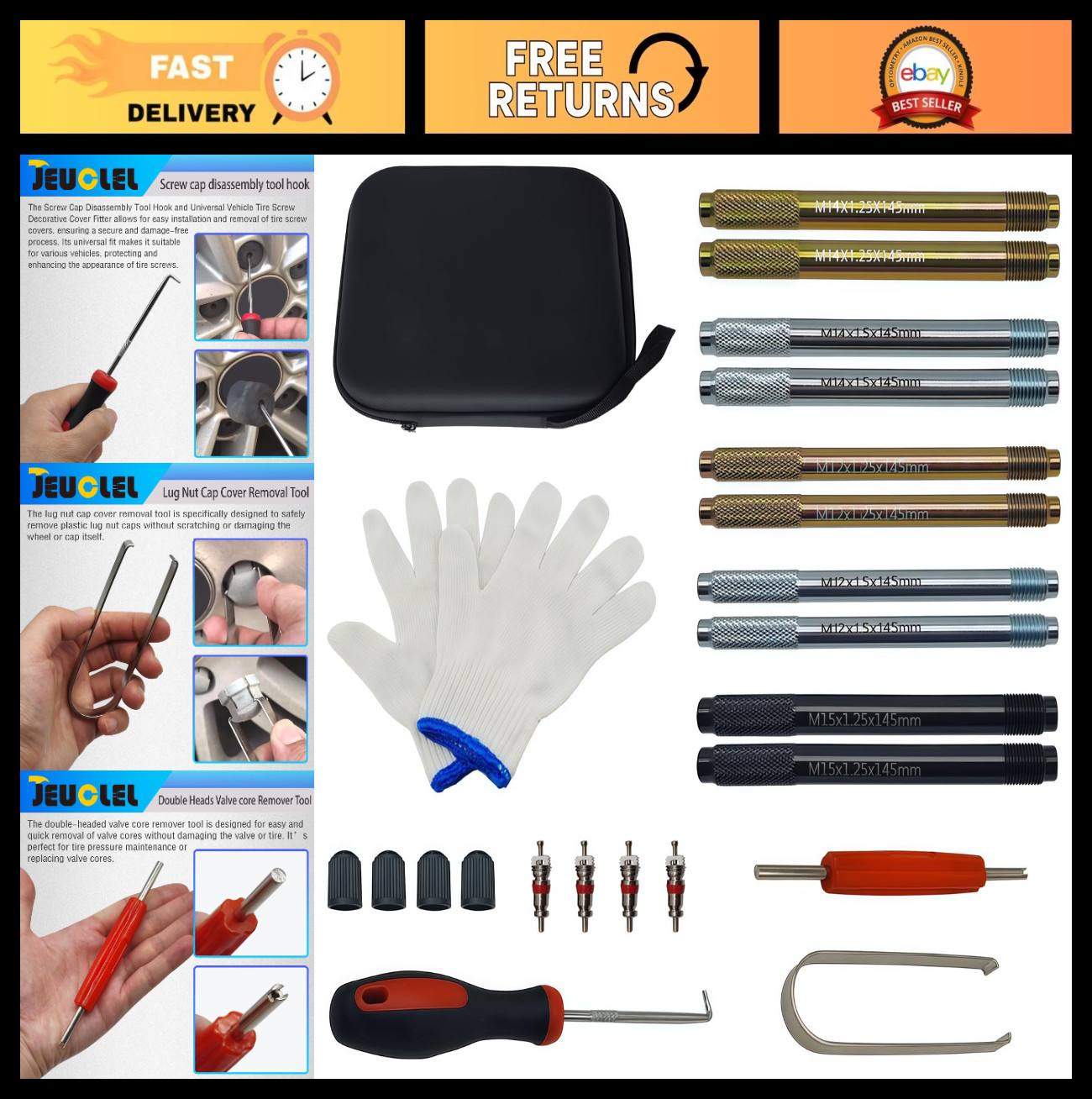 10PC Wheel Stud Alignment Pin Set, Tire Valve Caps, Double Head Remover Tool & G
