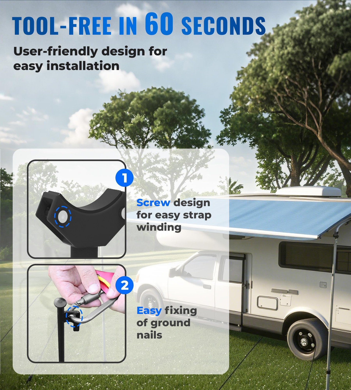 RV Awning Tie Down kit 108" Extended Length Adjustable Awning Support Poles