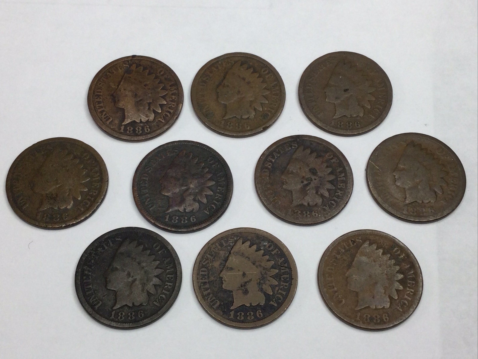 1886 type 1 Indian Cents lot of 10