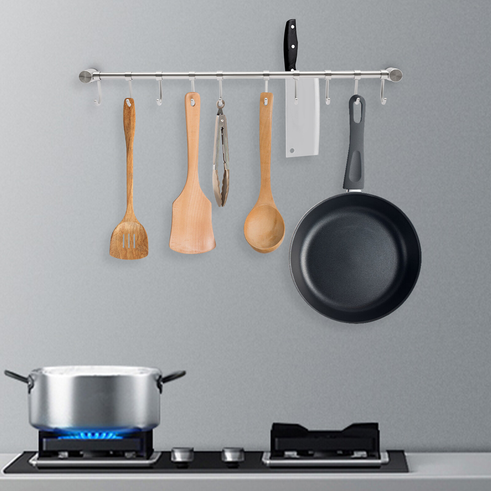 Stainless Steel Kitchen Hanging Rack Wall-mounted Hanging Rail W/ 10 Hooks