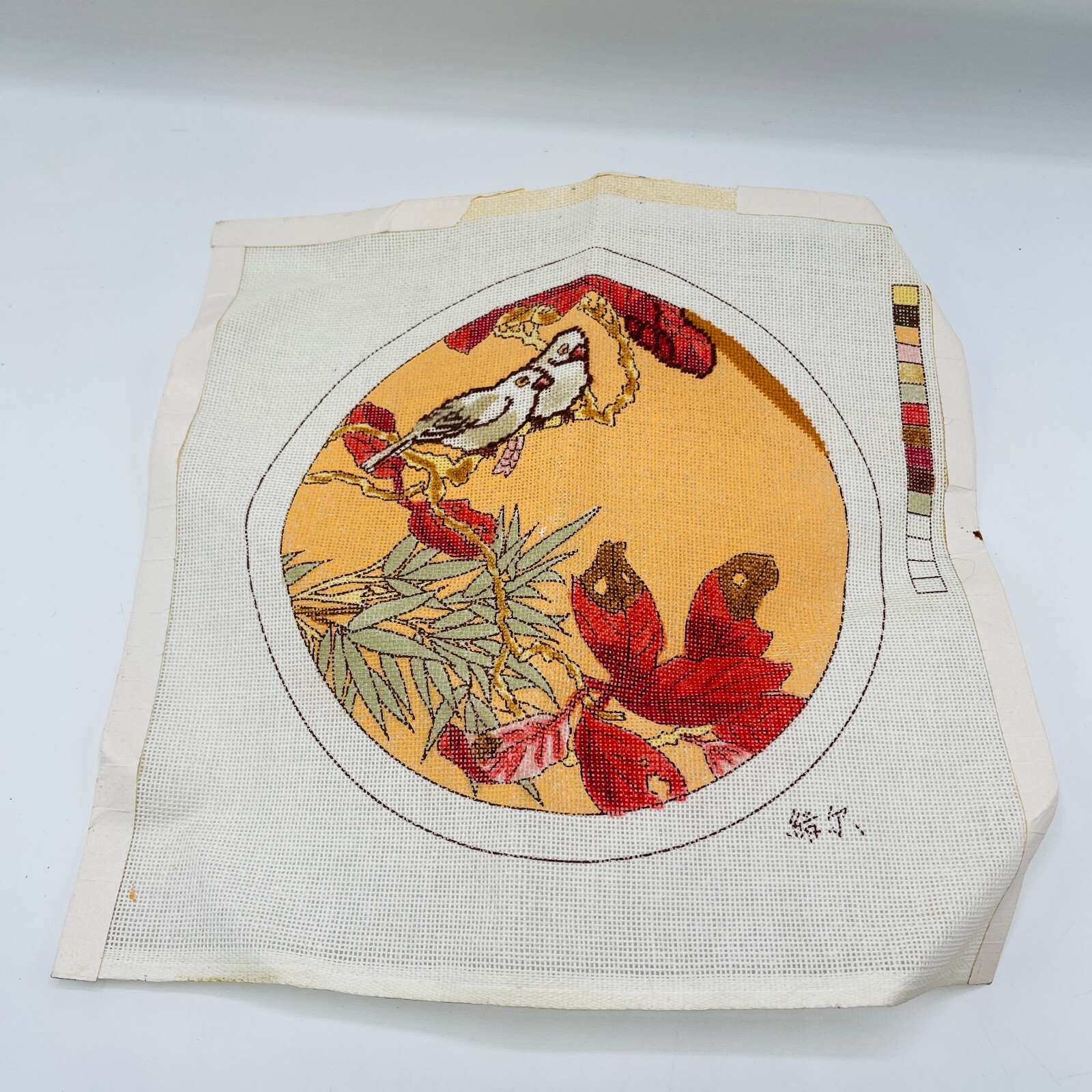 Hand Painted Needlepoint Pattern Canvas Birds Flowers Florals Asian Round 9x9