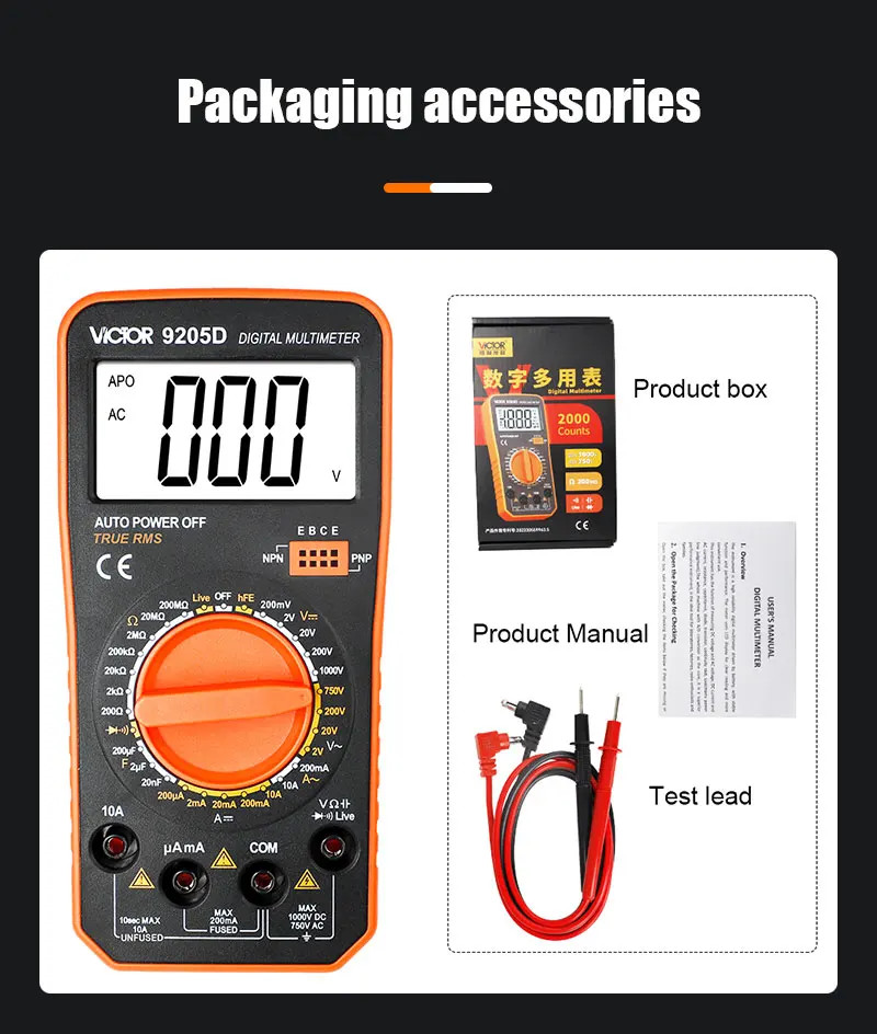 Digital Multimeter Auto 1999 Counts True RMS AC/DC 1000V Diode Continuity Freq