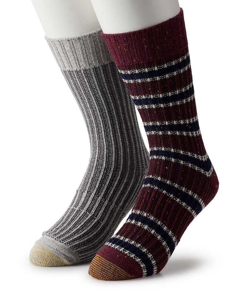 Gold Toe Lodge Collection 2 pk  Rugby Stripe Crew Socks Burgundy Gray Men 6-12.5