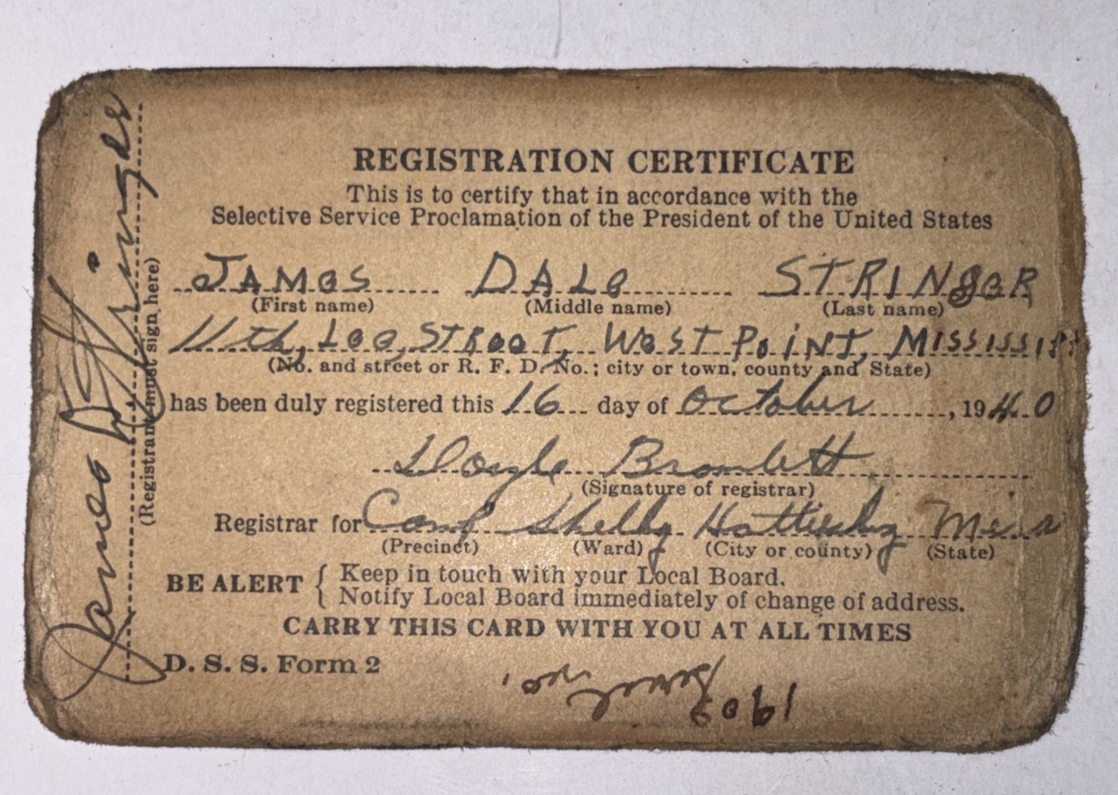 Selective Service Registration Certificate Card D.S.S. Form 2 1940 Pre WW2 Era