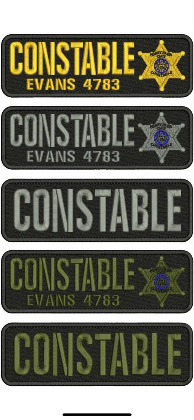5 CONSTABLE embroidery patches 3x10  VELCR@ ON BACK gold and gray on black