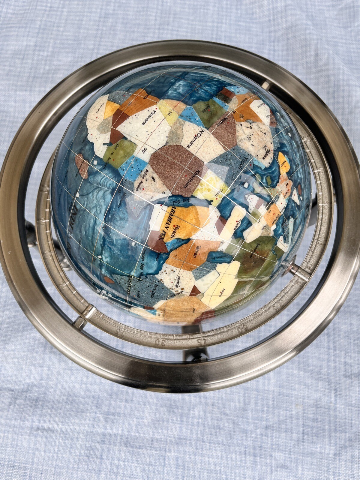 12" Tall Gemstone Table Top Gem Pearl /Gemstone World Map Globe Gorgeous Silver