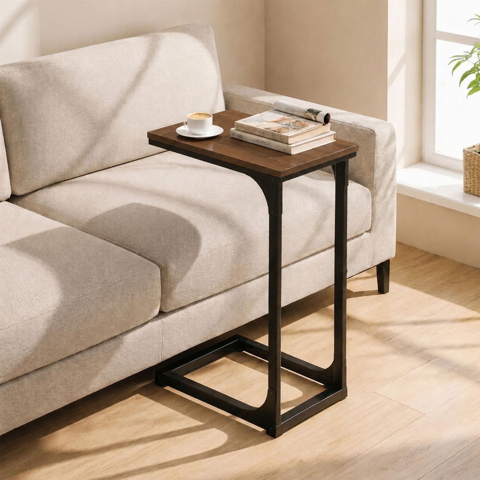 TEMI C Shaped End Table for Couch - Small No Power Outlets, Rustic Walnut