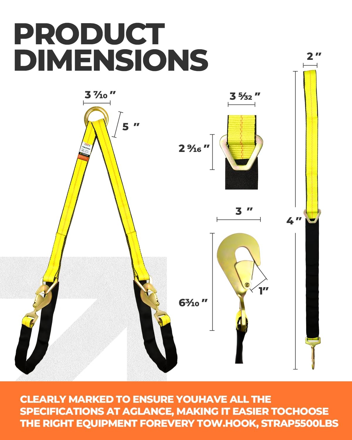 V Bridle Tow Strap 5,400lb Capacity W/ Snap Hooks Heavy Duty 2" x 4'