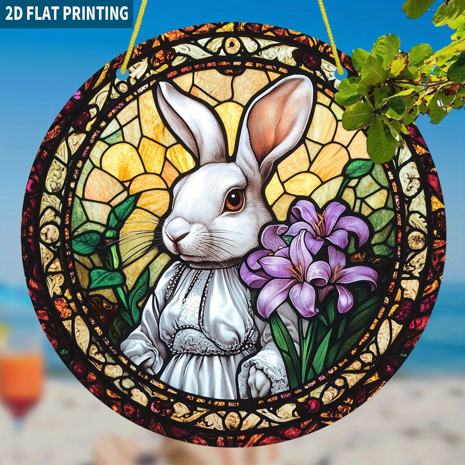 Elegant Bunny With Iris Acrylic Suncatcher Round Spring Window Hanging Decor