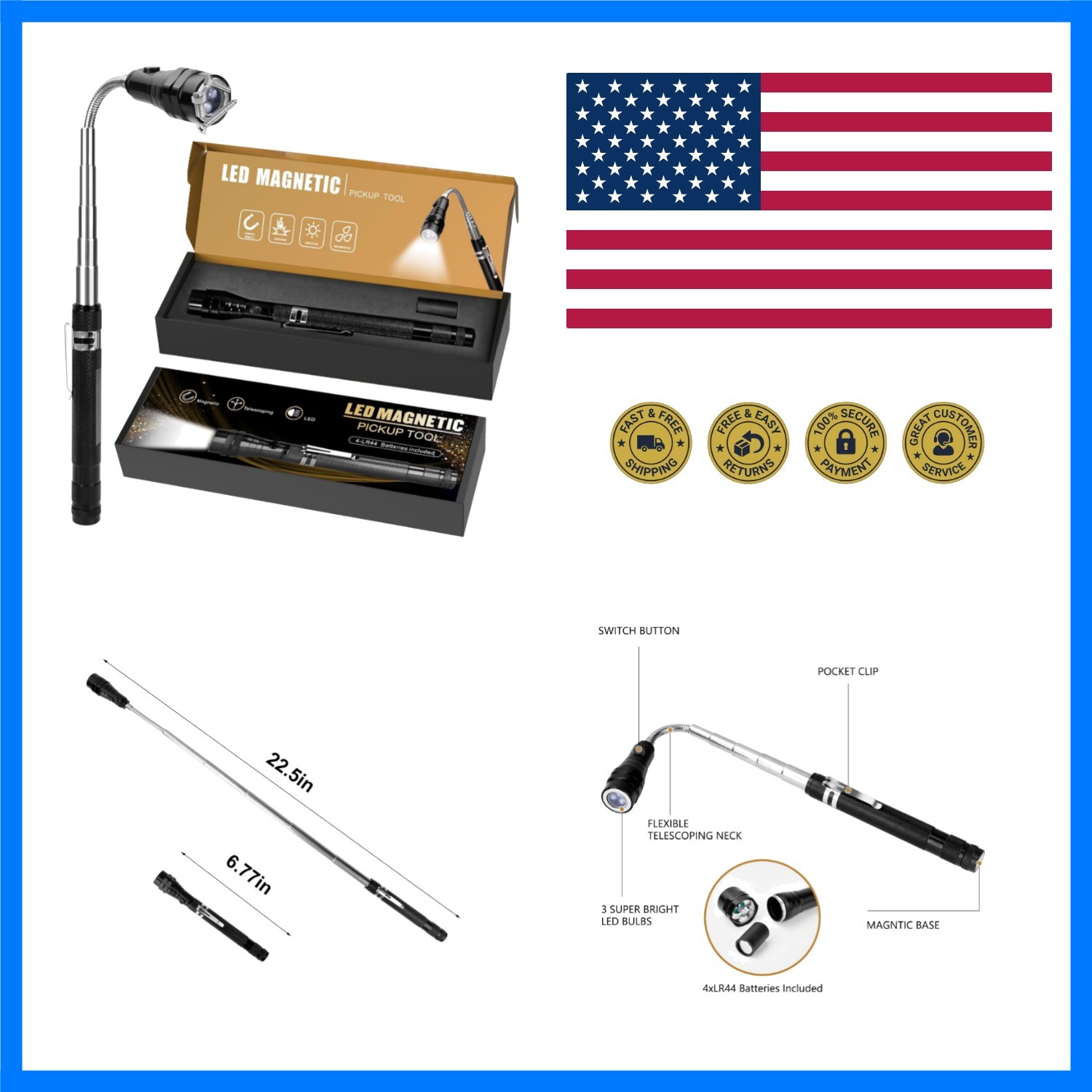 Magnetic Flashlight Gifts for Men | Extendable Magnet Pickup Tool Gifts for D...