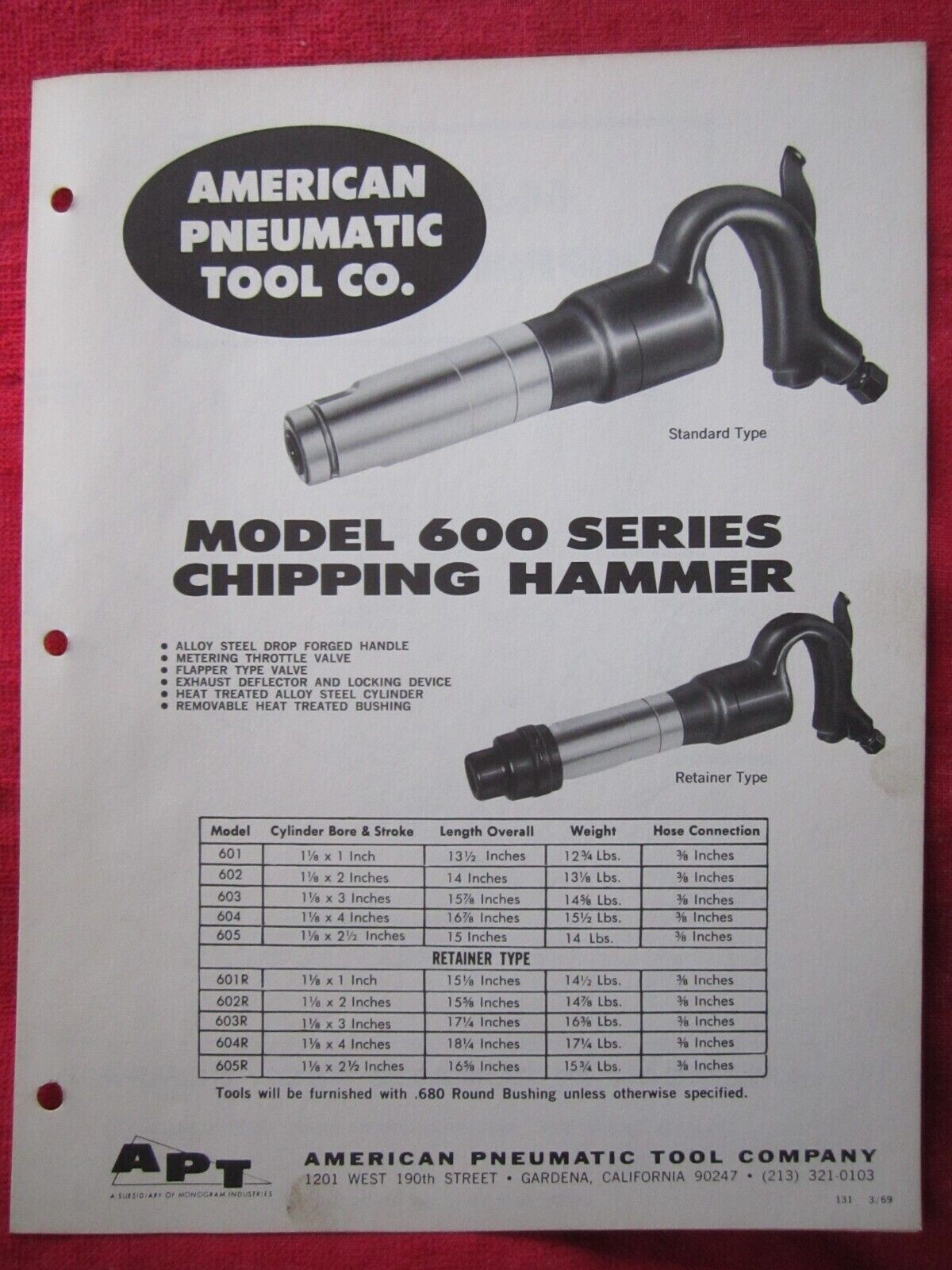 APT AMERICAN PNEUMATIC TOOL Co. MODEL 600 CHIPPING HAMMER PARTS LIST MANUAL