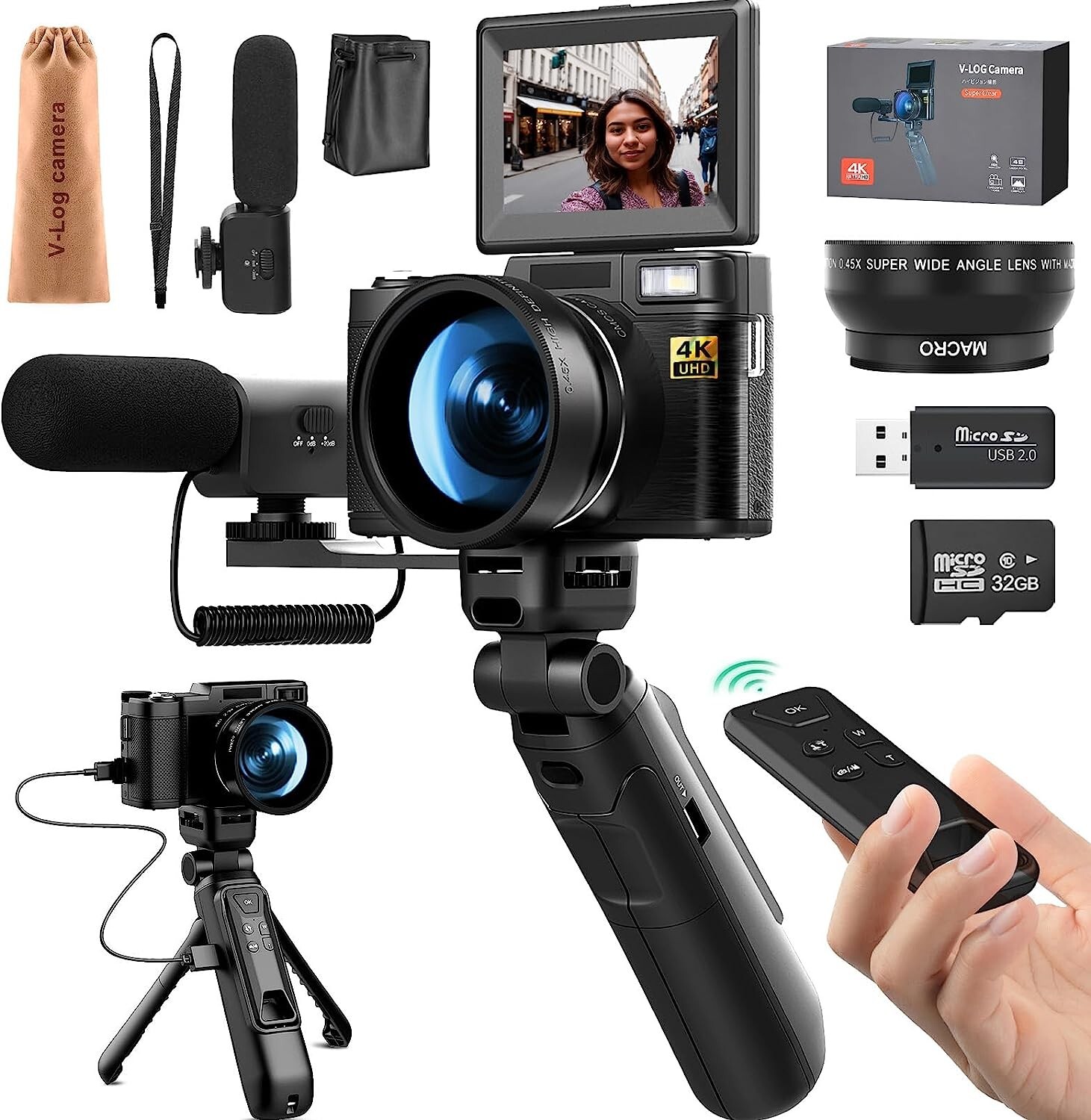 4k Digital Camera 48MP 16X W/ Vlogger Kit Microphone Remote Control Tripod Grip