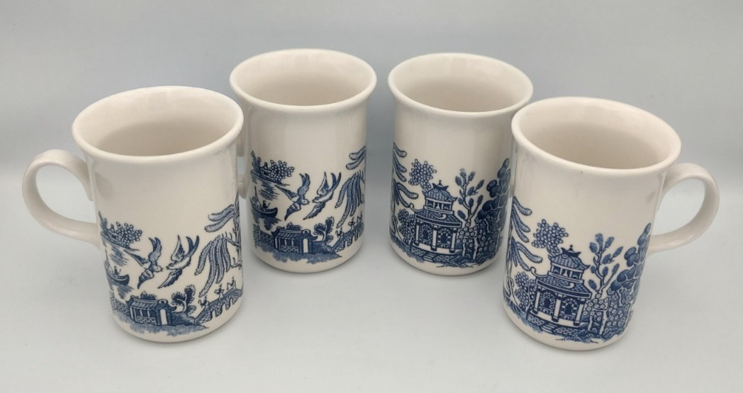 Churchill England Vintage Blue Willow Pattern Tall Coffee Mug Tea Cup Set Of 4
