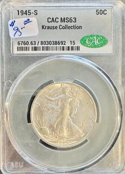 1945-S Walking Liberty Half Dollar, CAC MS63-Krause Collection