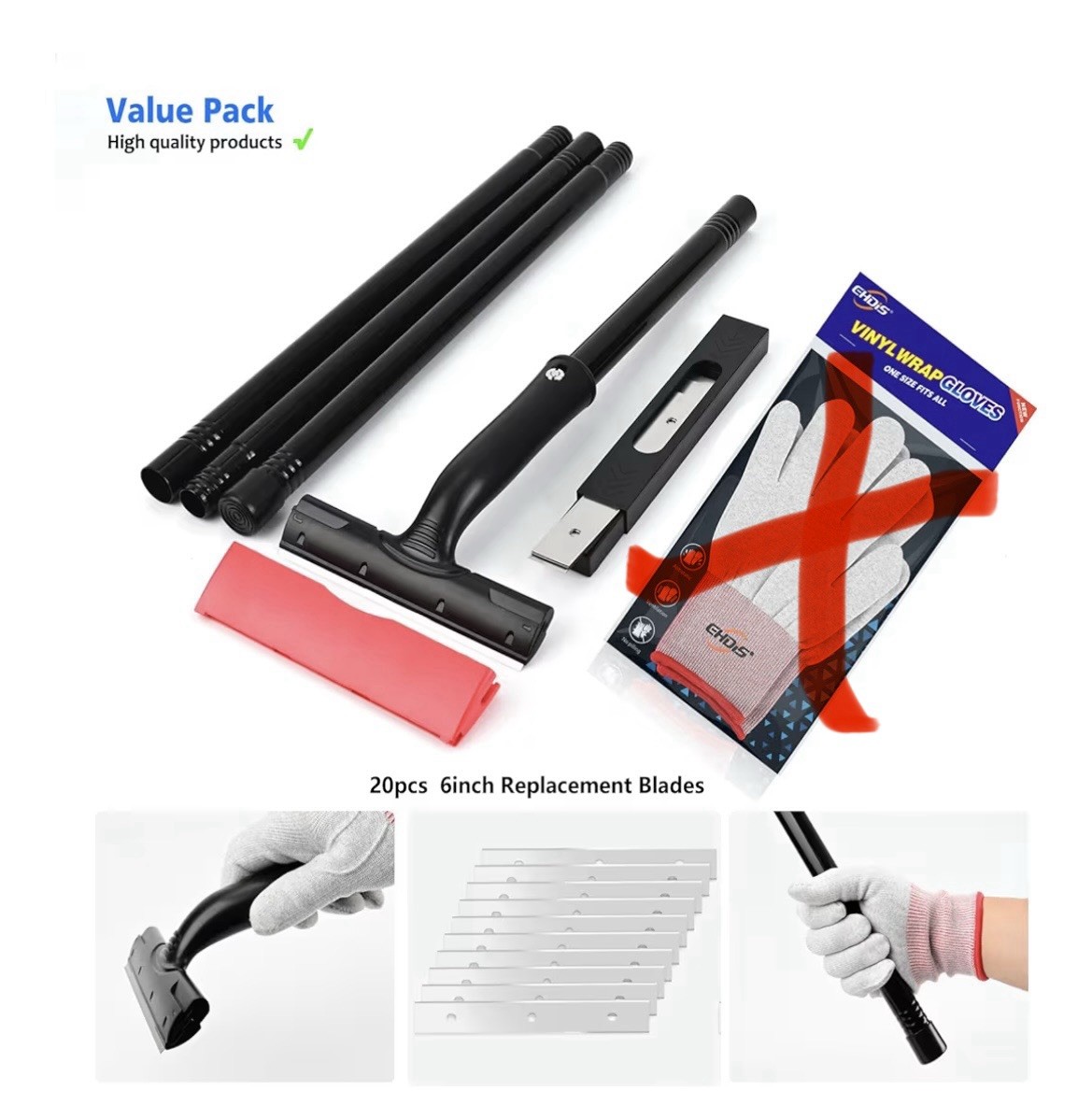 Adjustable Razor Blade Scraper, 15''-58'' Long Handle 6" Blade Scraper Tool
