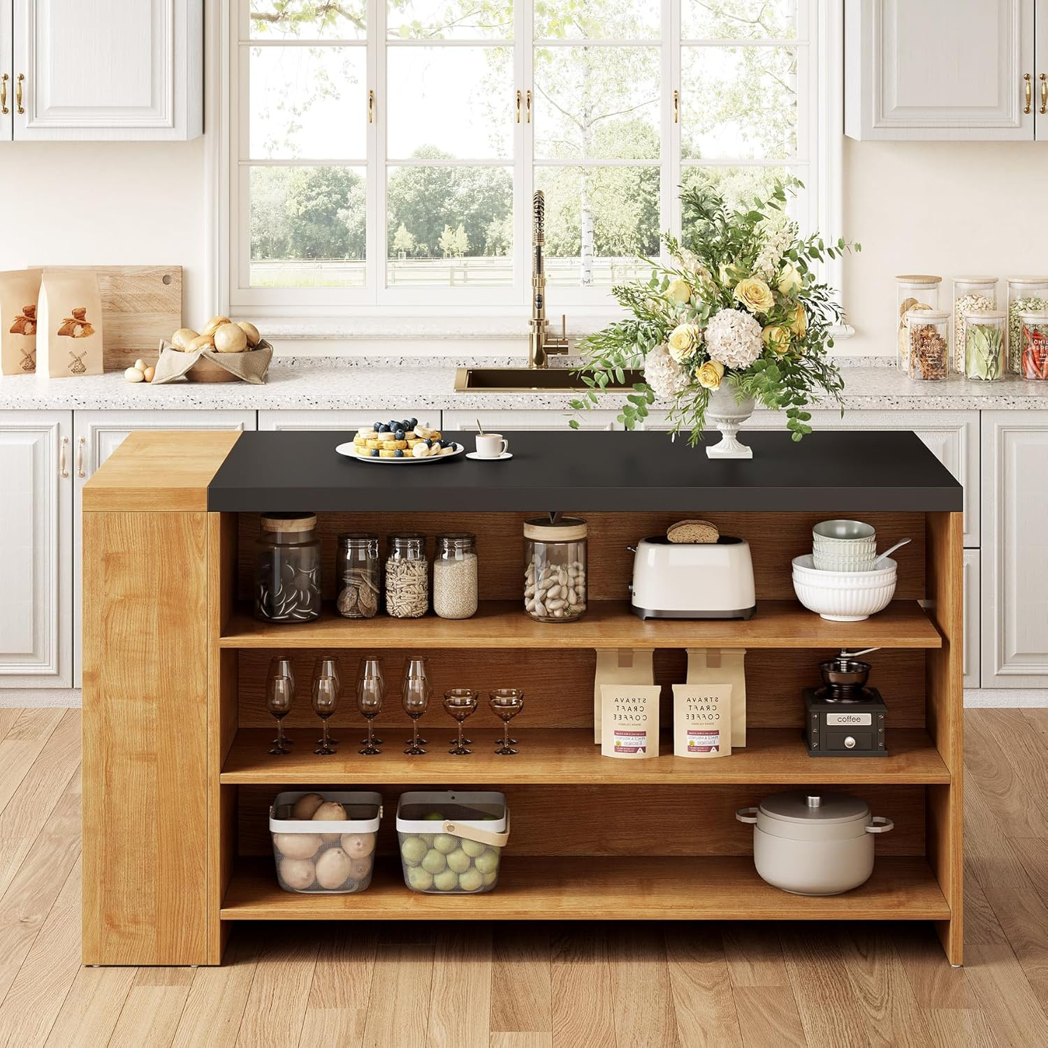 Modern 55" Kitchen Island with Storage & Large Worktop - Oak Finish