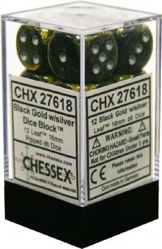 Chessex Dice d6 Set 16mm Leaf Black & Gold w/ Silver Six Sided Die 12 CHX 27618