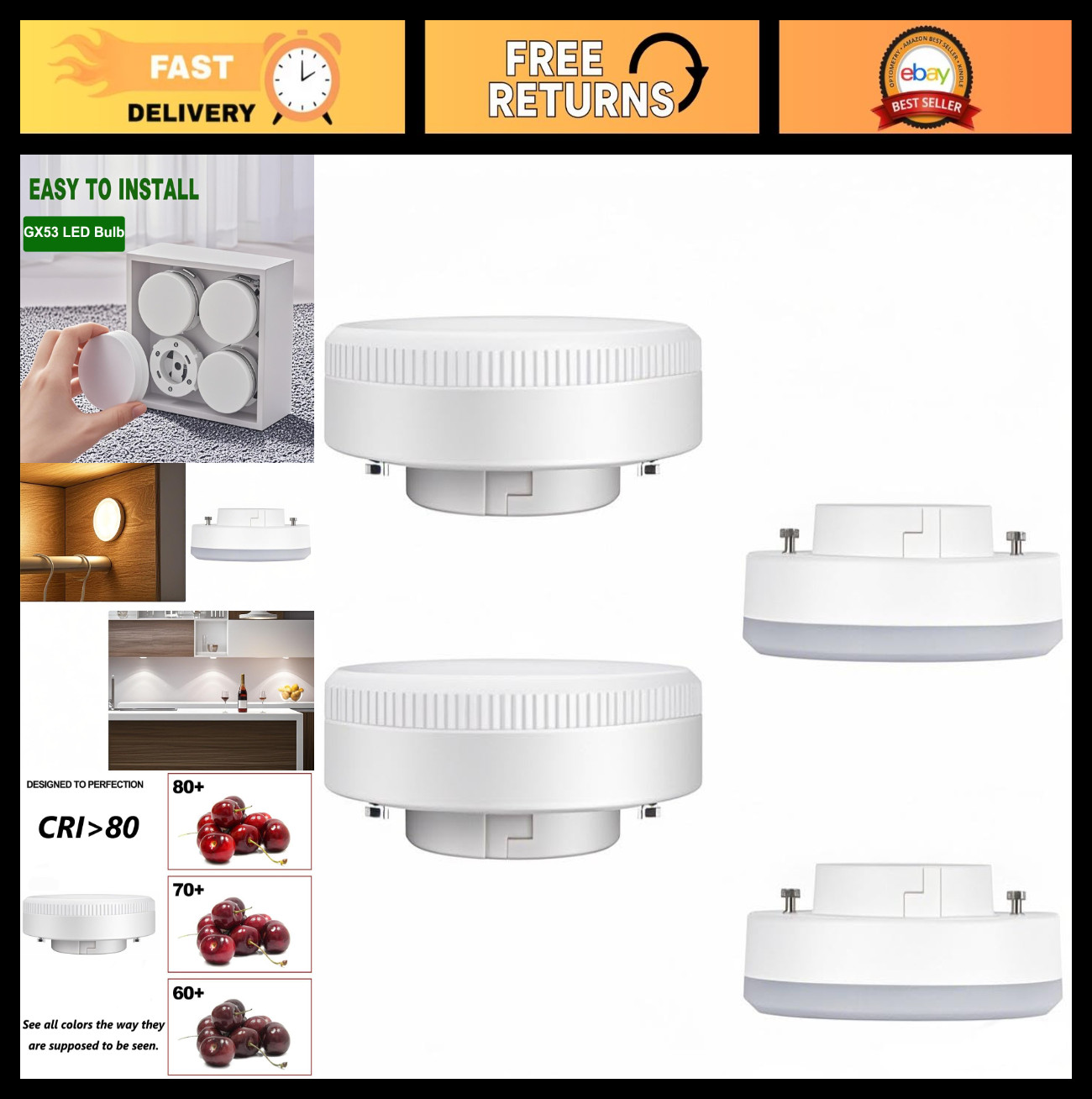 7W GX53 LED Light Bulbs - 700 Lumen Puck Lights, 5000K Daylight, Pack of 4 for U