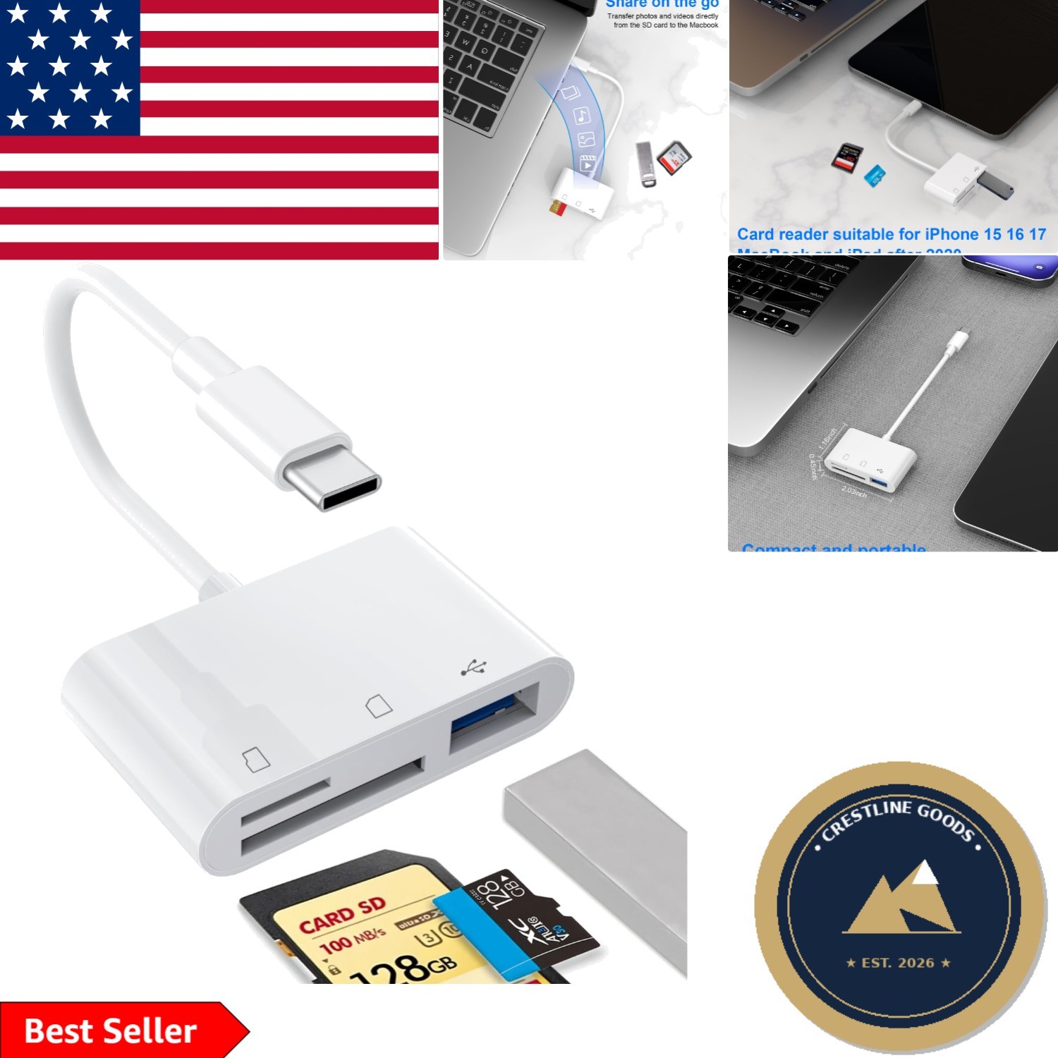 1PCS USB C to SD Card Reader – 3-in-1 for iPhone 15, 16, 17 | Portable Transfer