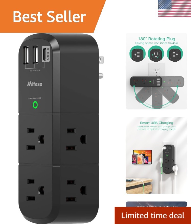 Space-Saving 9-in-1 USB Power Strip with 180° Rotating Plug for Ultimate Safety