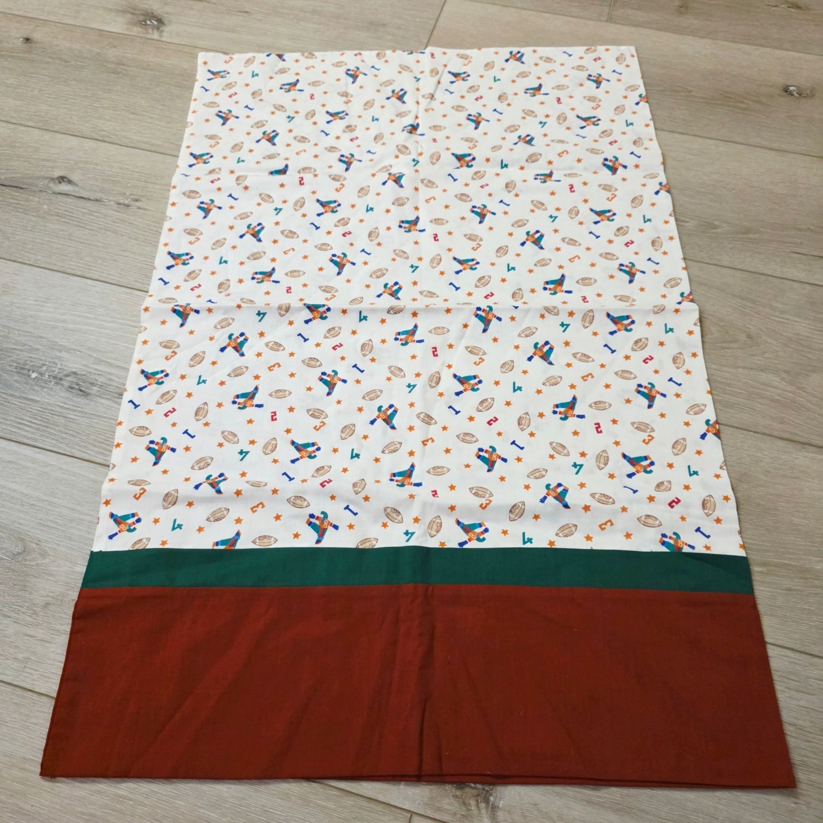 Hand Made Kids Pillowcase Sports Themed Football Players Print Brown Green