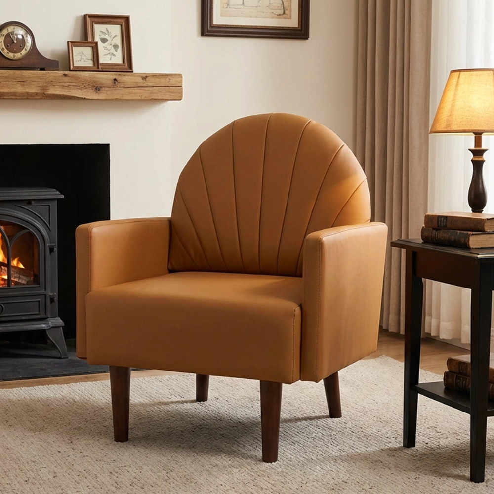Orange PU Leather Accent Armchair with Plush Pillow & Wood Legs