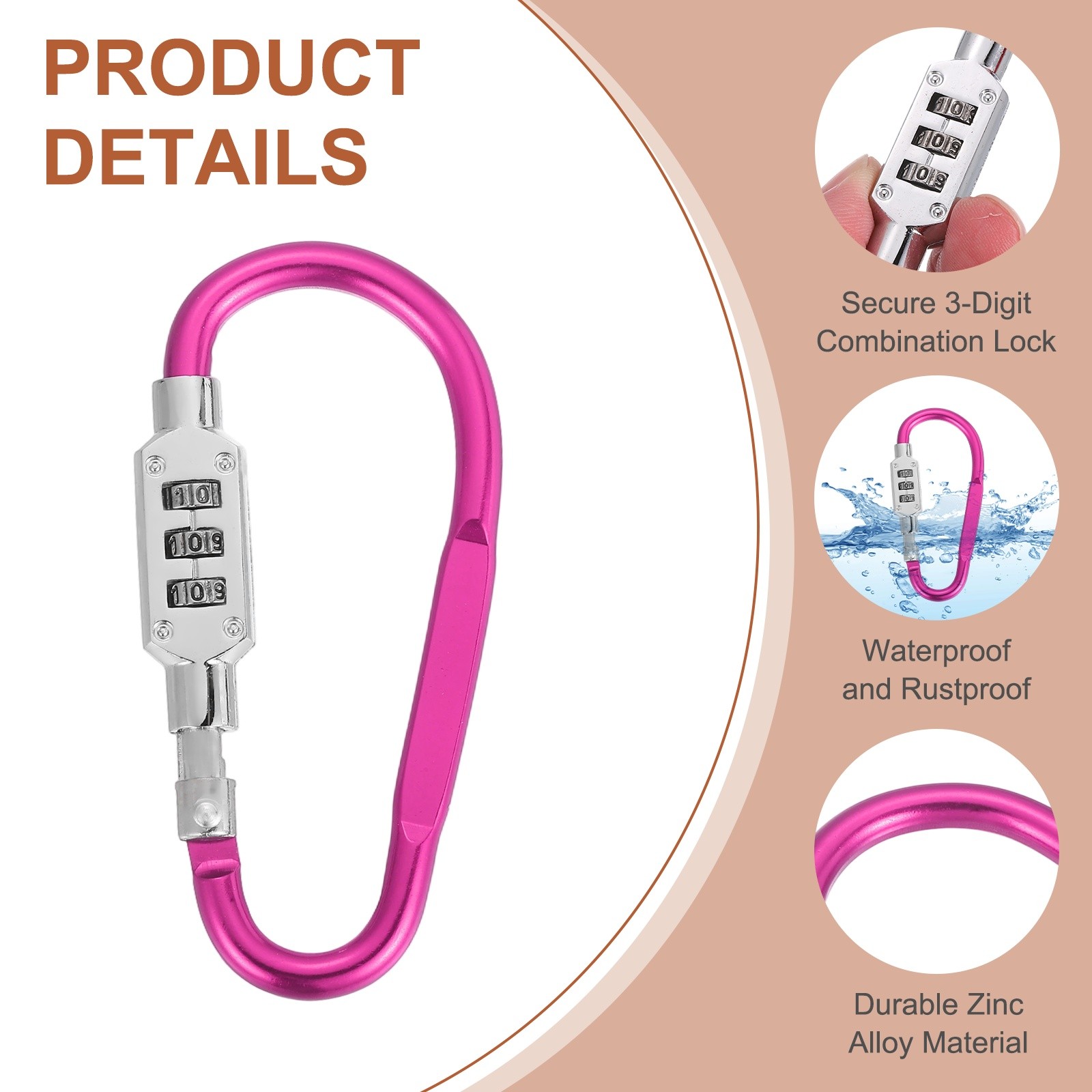 2 Pcs 3.8" x 1.8" D-Shaped 3-Digit Code Combination Lock D-Ring Clip, Pink