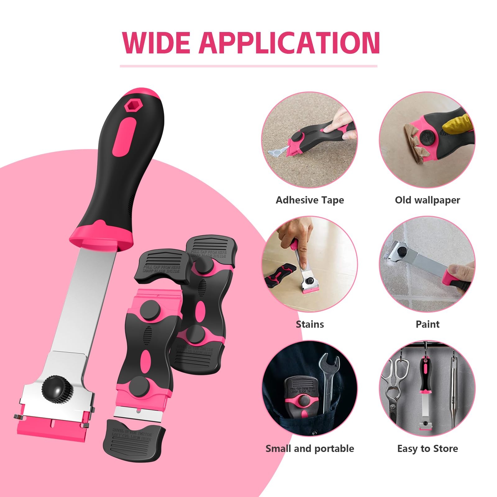 Ywmoml 3 Pack Razor Blade Scraper Set, Includes 30 Plastic & 30 Metal Pink