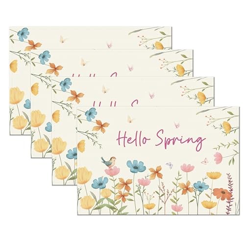 Hello Spring Placemats Set of 4, 12 x 18 Inch Spring Floral Table Mats,