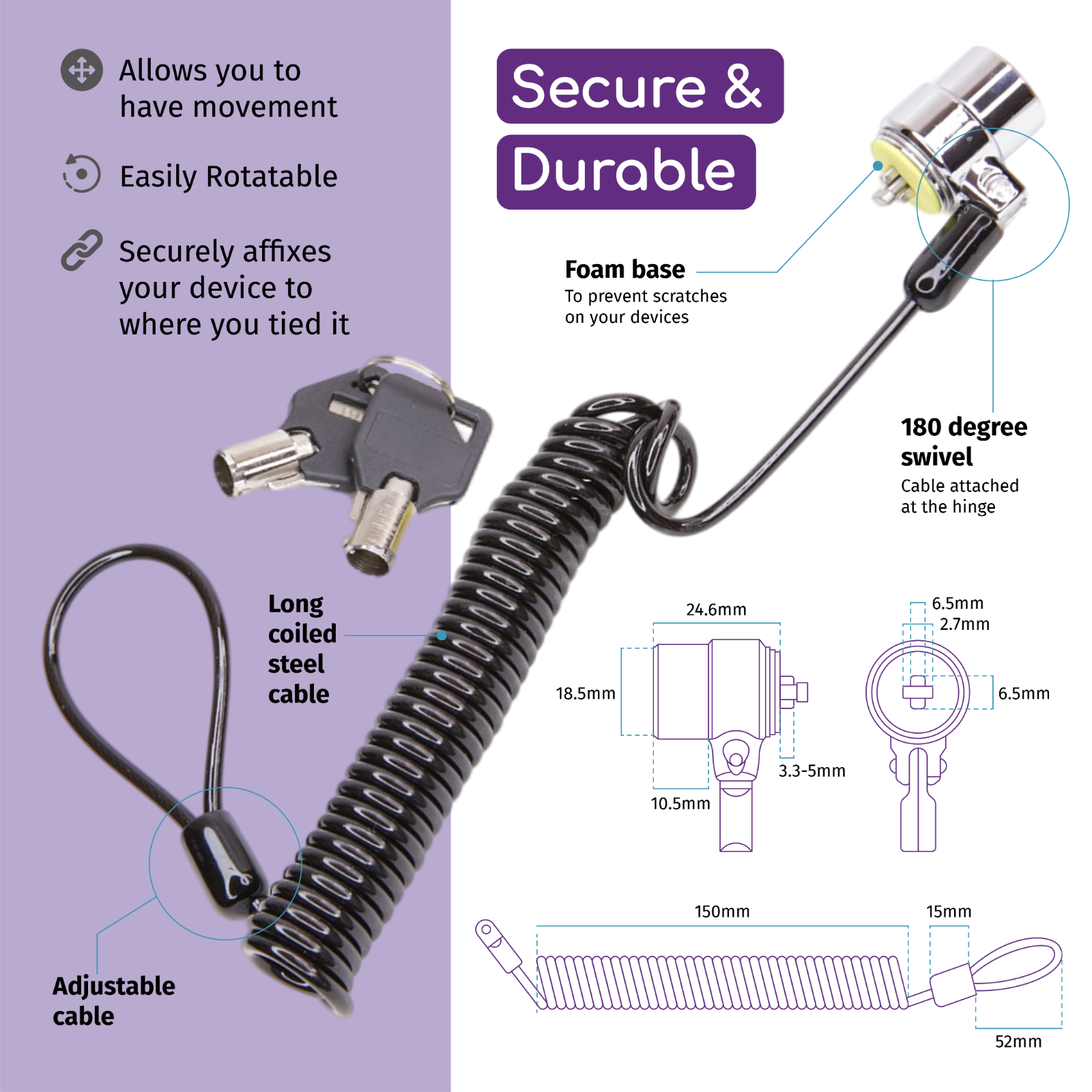 Laptop Security T-Bar Lock and 12 to 39 Inch Coiled Metal Cable with 2 Keys