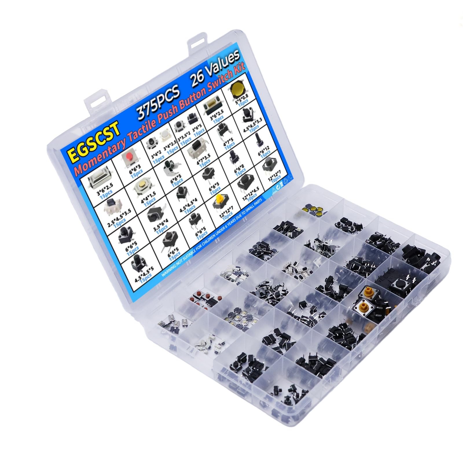 375PCS 26Values Micro Momentary Tactile Push Button Switch Assortment Kit 2 P...
