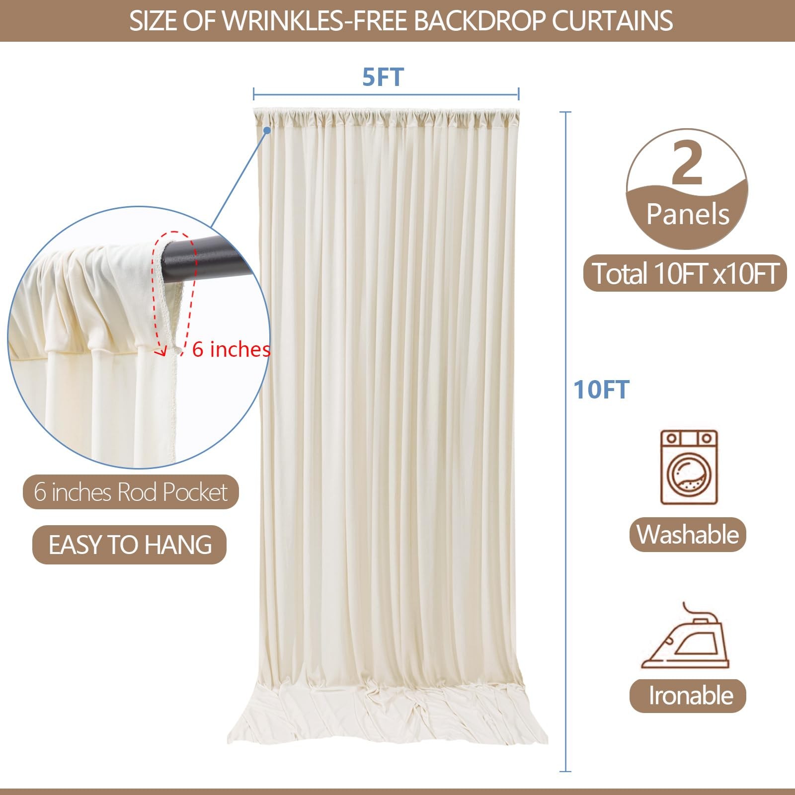 Esgotbme 10X10Ft Wrinkle Ivory Backdrop Curtain For Parties Soft Fabric Drapes