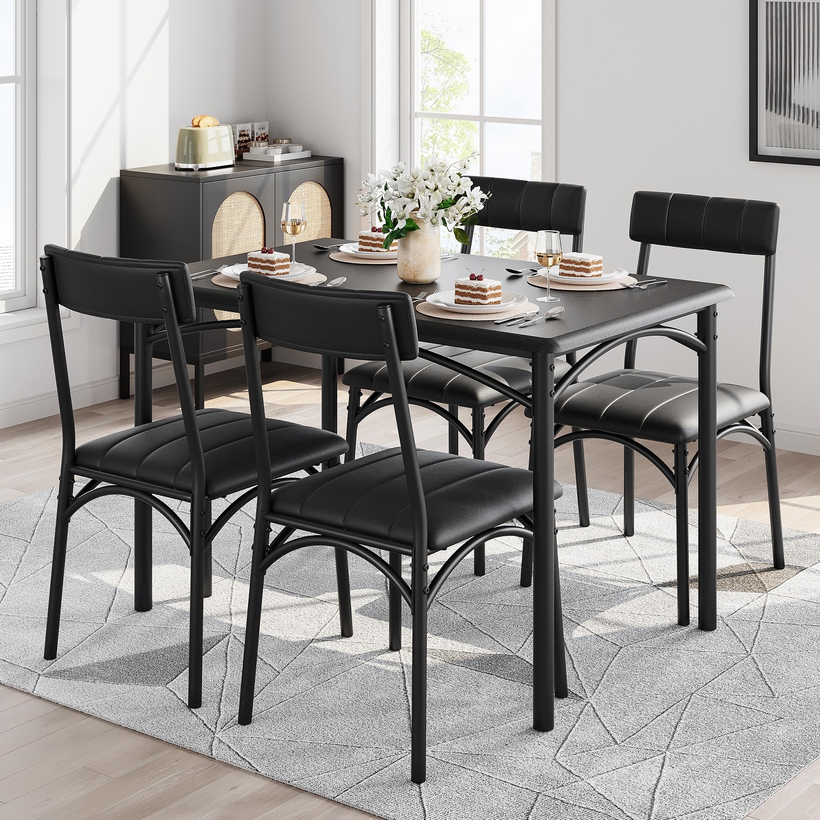 Kitchen Table and Chairs for 4, Dining Table Set for 4 with Upholstered Chairs