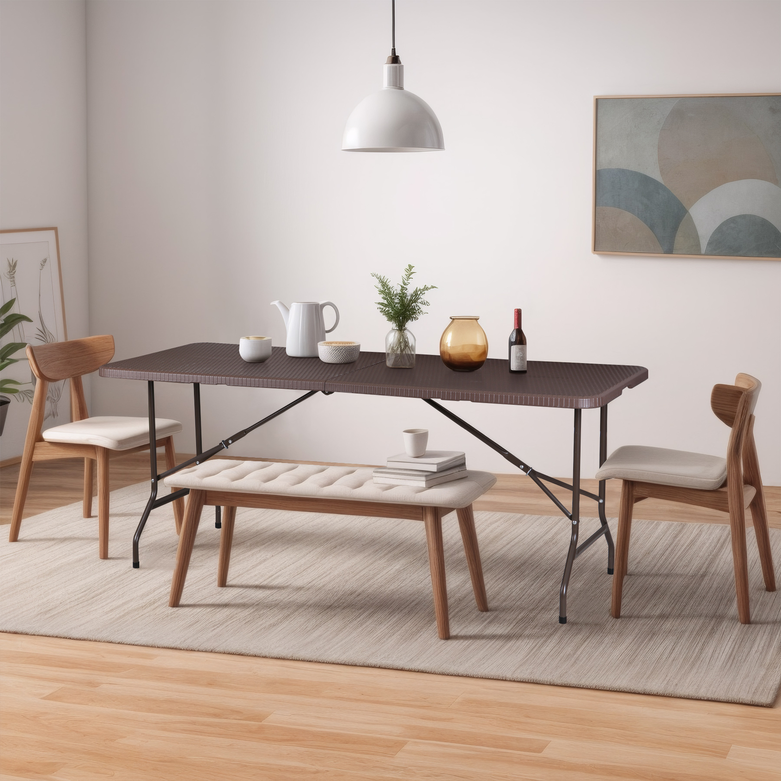 6FT Plastic Folding Table - Folds in Half w/ Carrying Handle Rectangular Brown