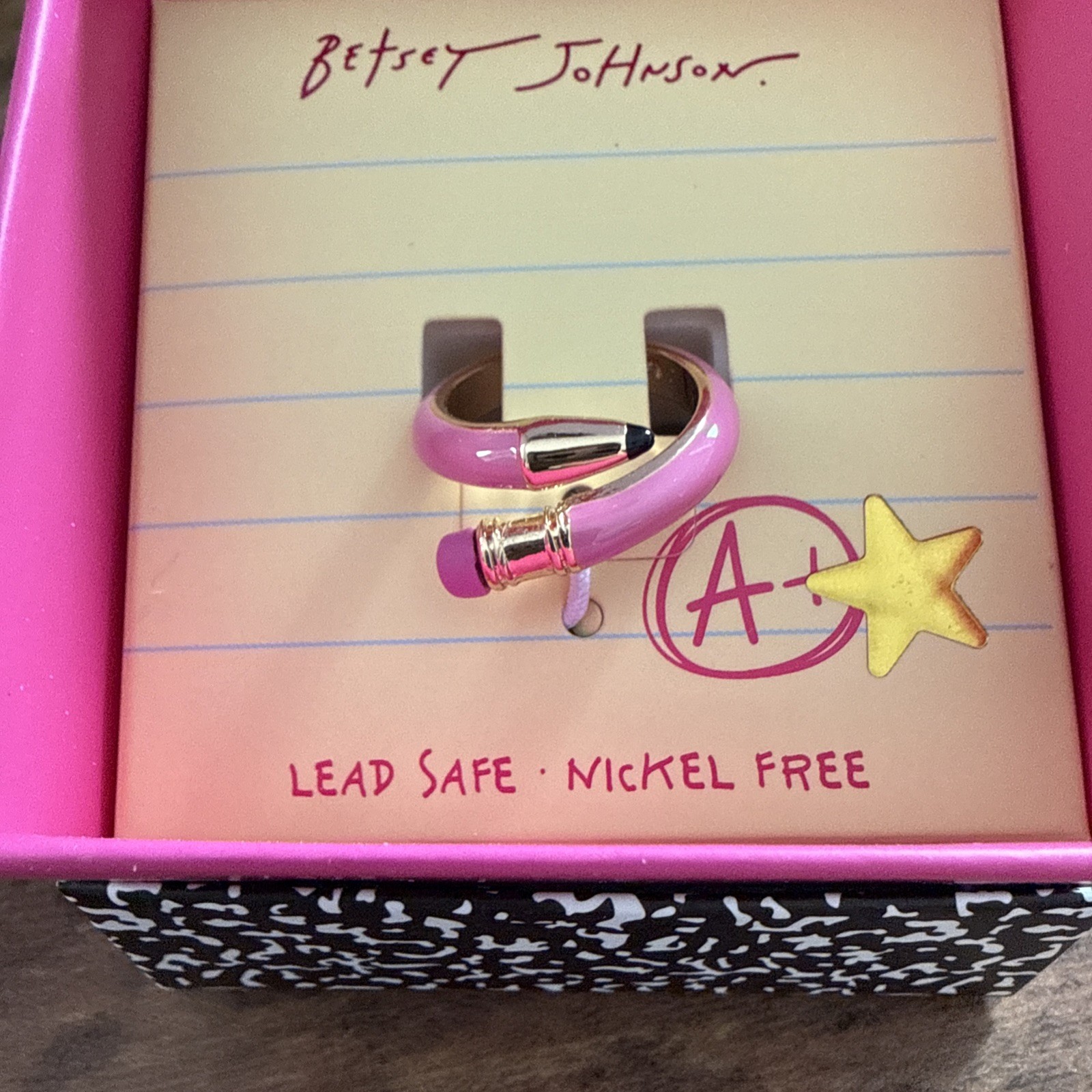 BETSEY JOHNSON Back to School Pink Pencil Wrap Band Ring NEW NWT Cute!
