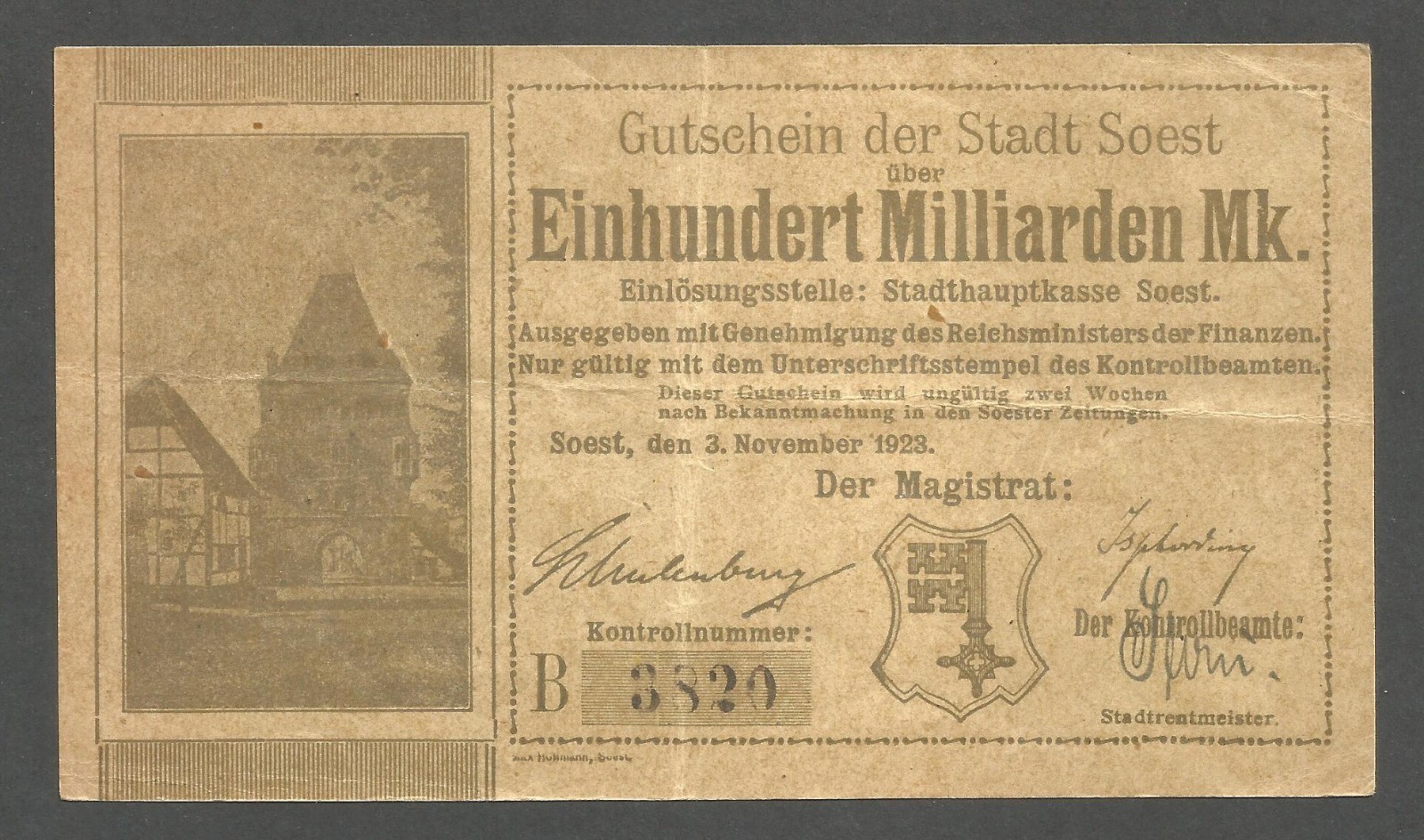 Germany - Soest 100 Milliarden Mark 3.11.1923; VF; K-4805i; Inflation notgeld