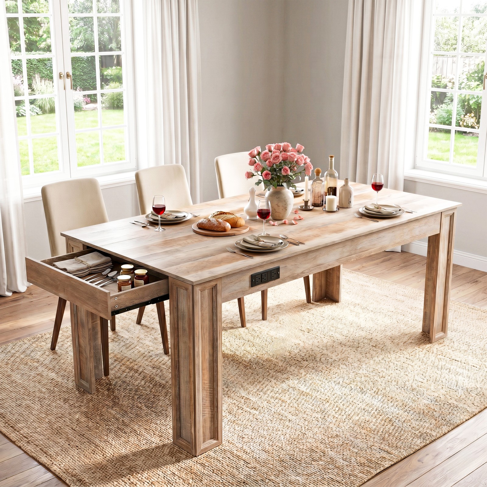 70" Rectangular Dining Table 6.5 ft w/ Charging Station & Drawer for 6-8 People