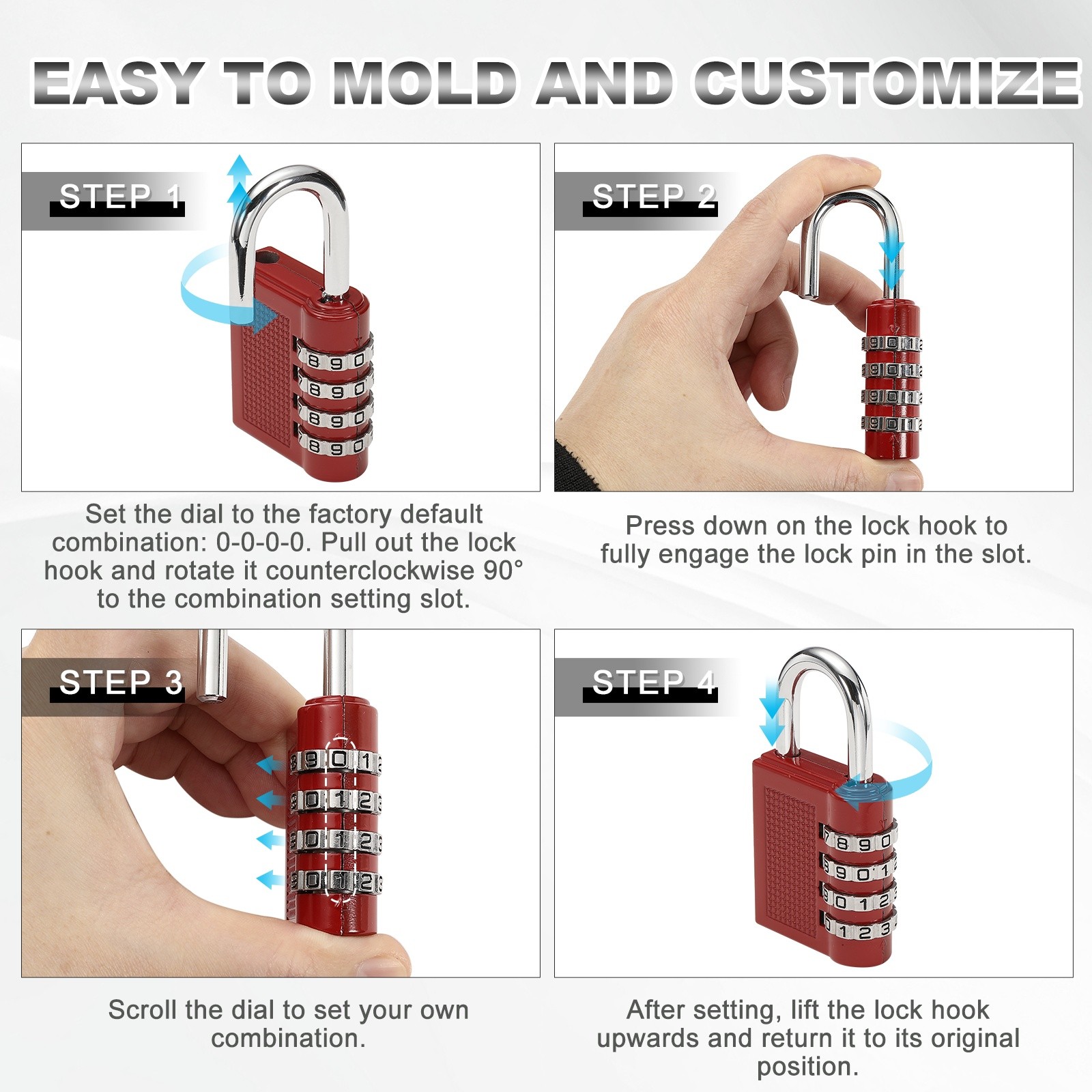 Combination Padlock (Large, Black), 4-Digit Shackle Code Locks