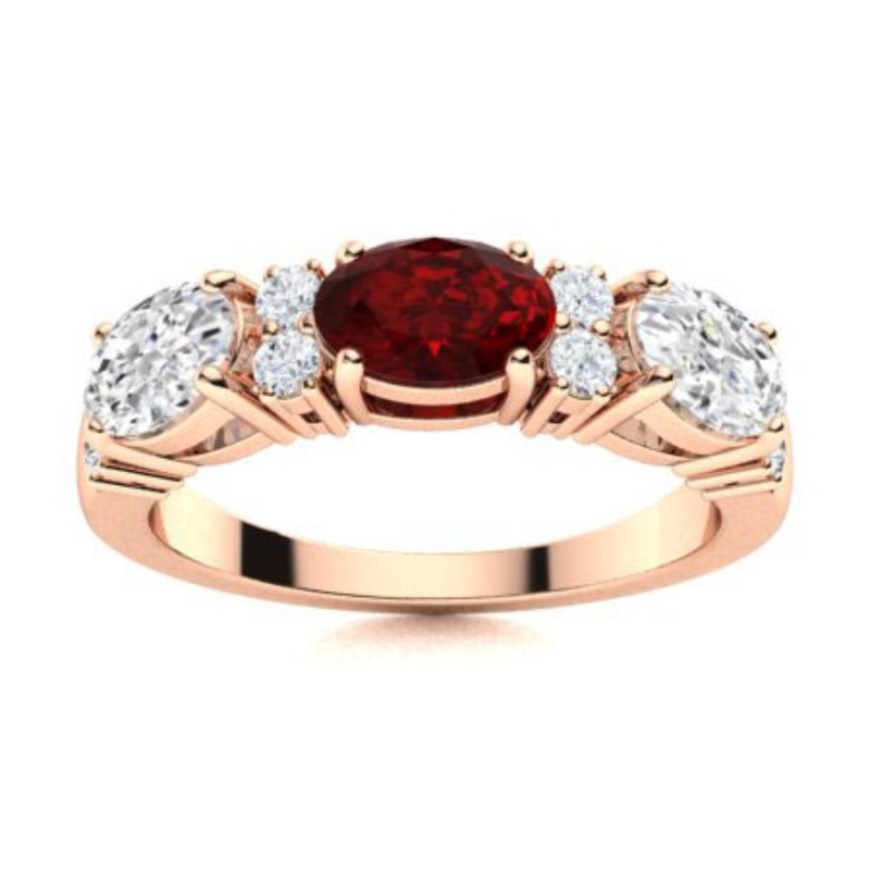 Oval Natural Garnet Sterling Silver Prong Three-Stone Womens day Ring