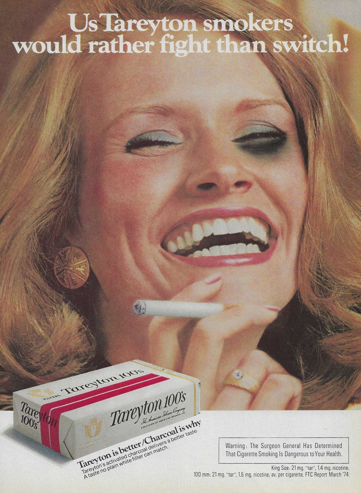 1974 Tareyton 100's Cigarette Ad Red Head Woman Vintage Magazine Advertisement