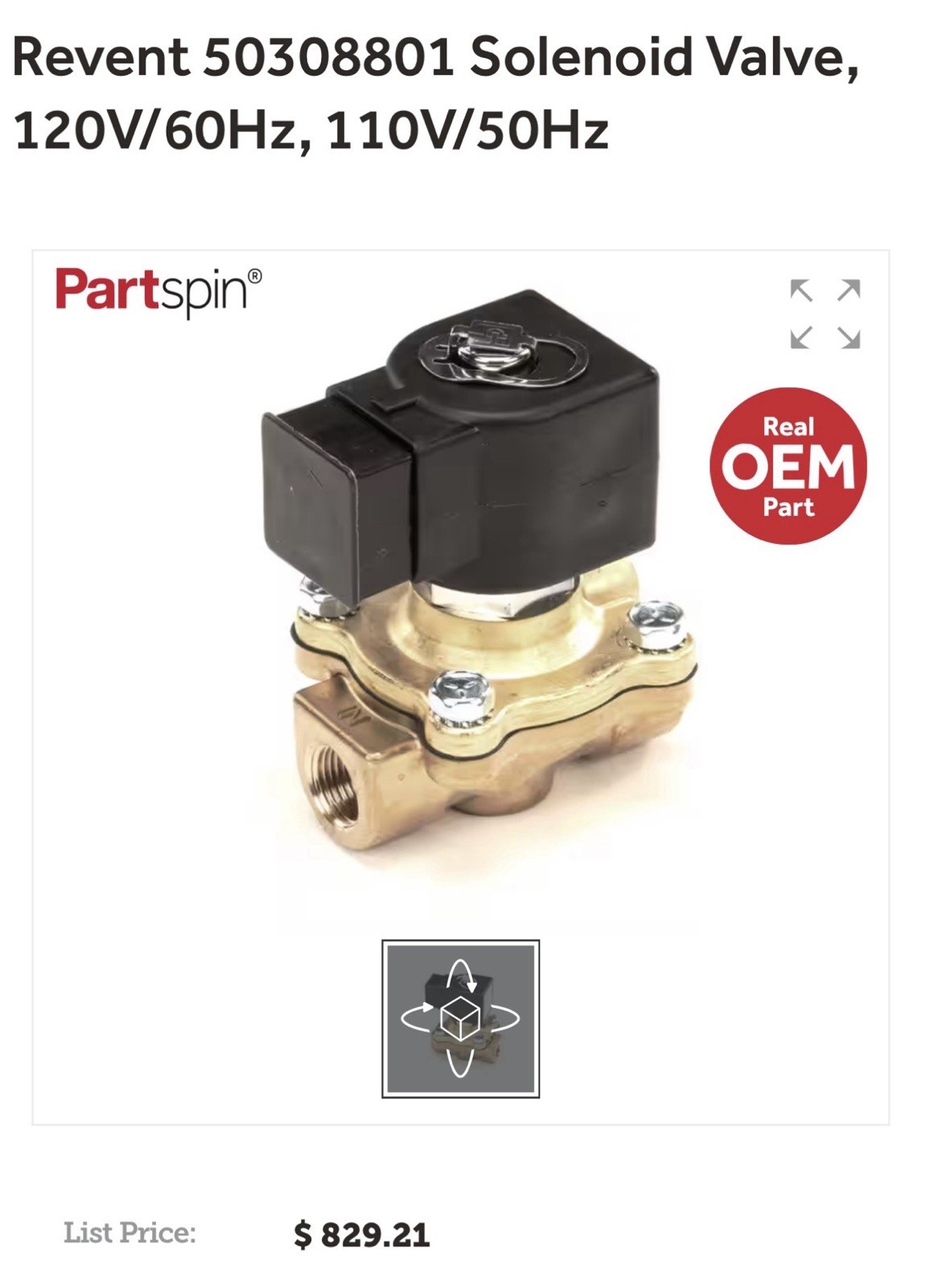 Revent 50308801 Solenoid Valve, 120V/60Hz, 110V/50Hz Replacement . New
