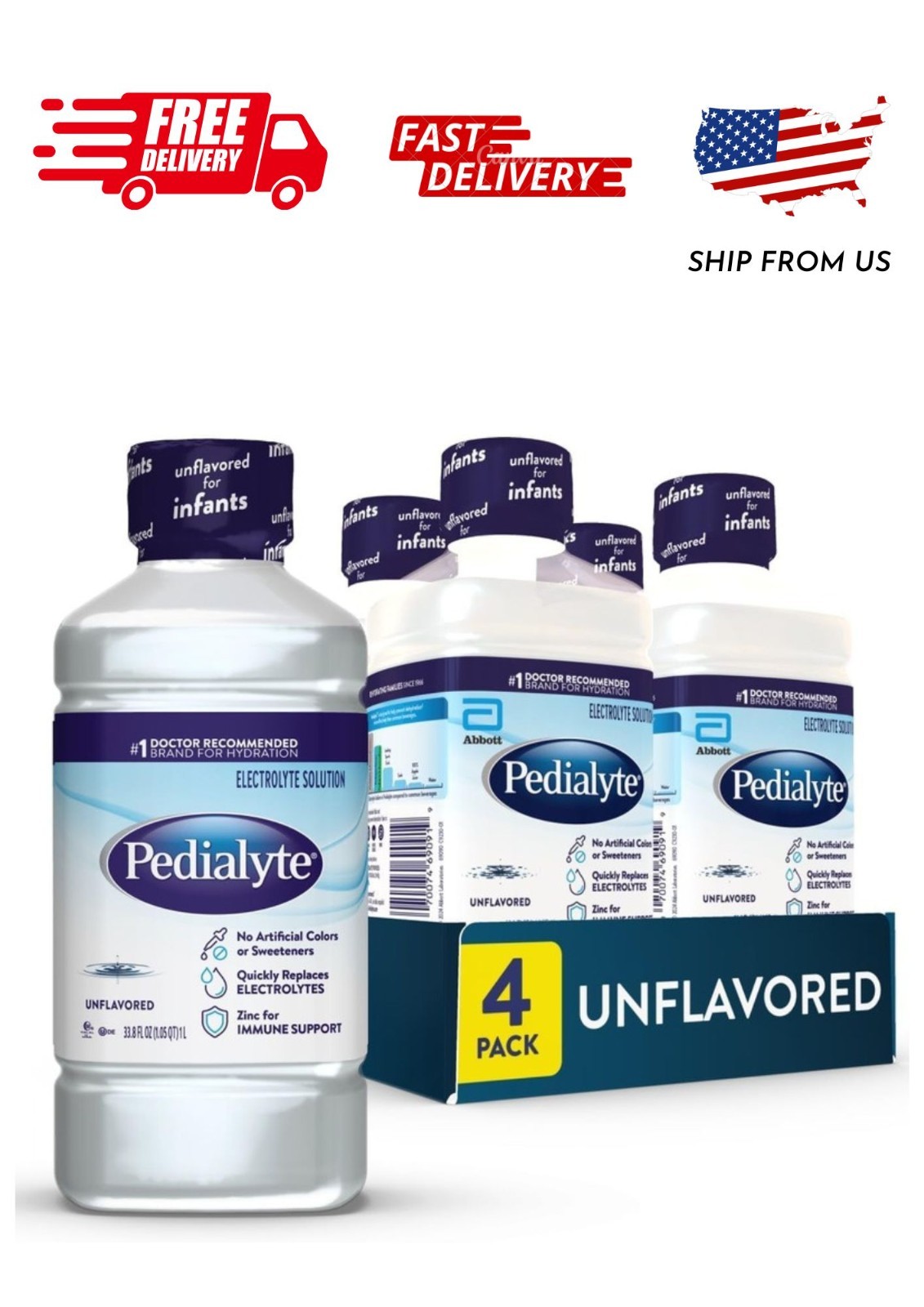 (4 pack) Pedialyte Electrolyte Drink, For Kids & Adults, Unflavored, 1 Liter