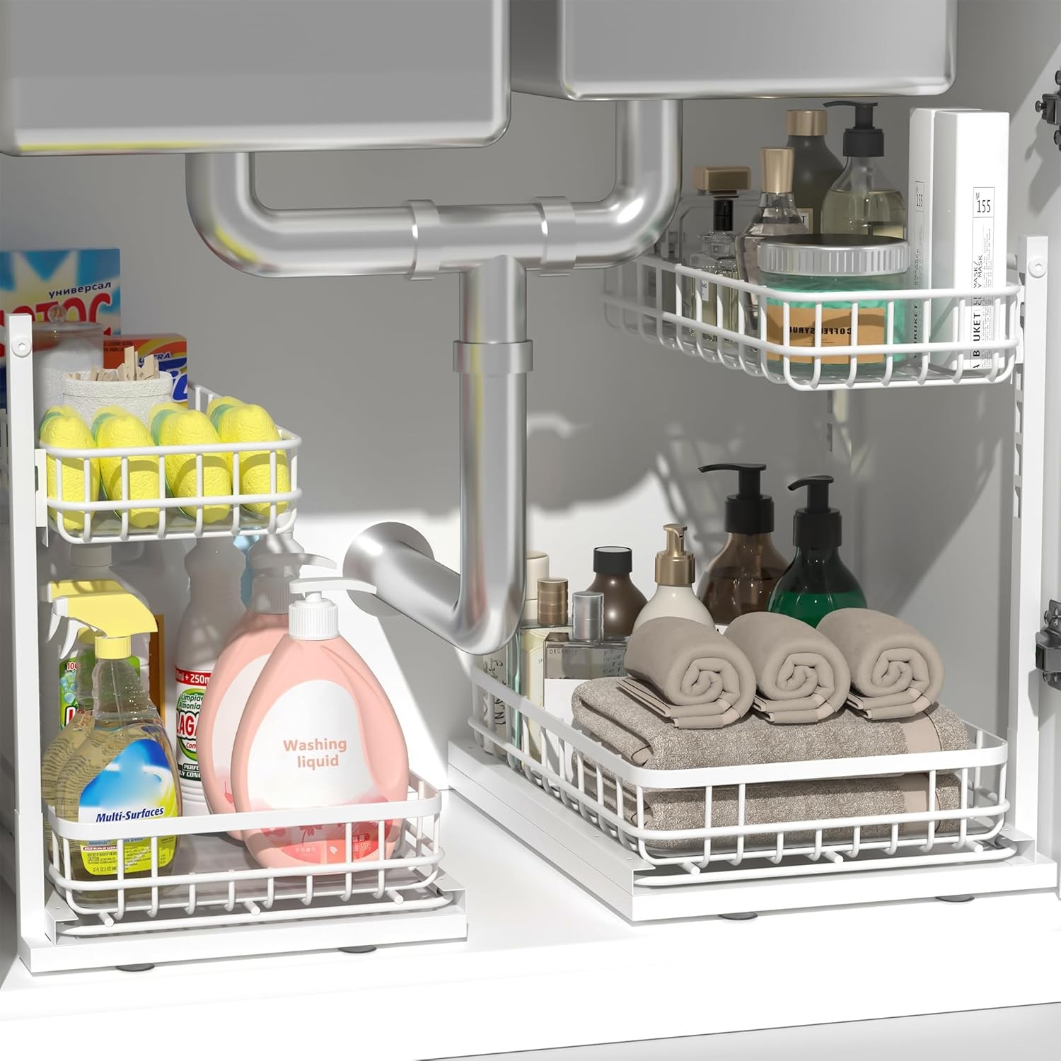 Under Sink Organizer Adjustable Height Pull-Out Kitchen Storage