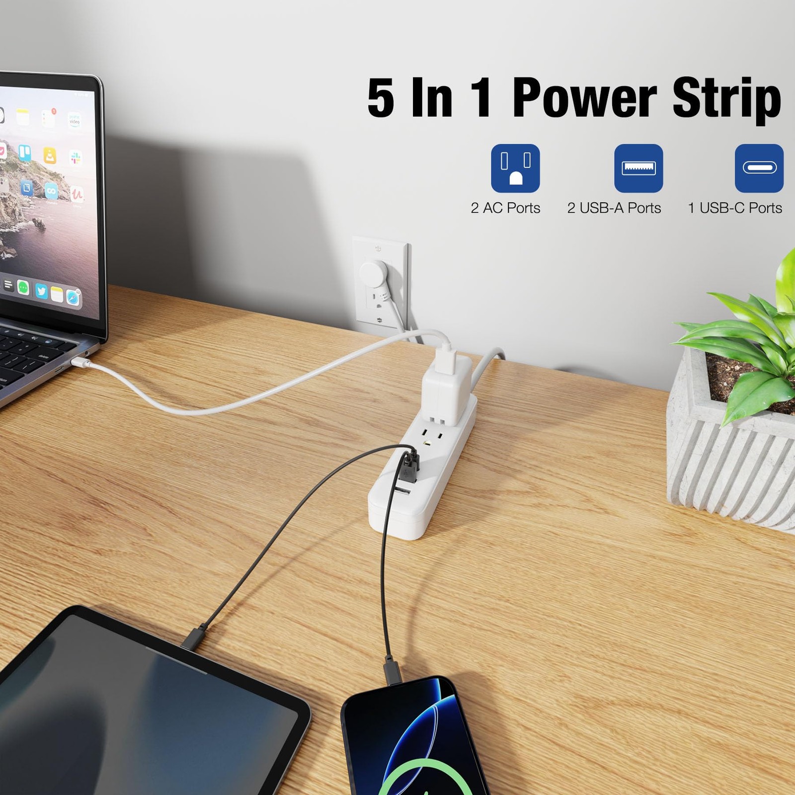 Power Strip Surge Protector - Flat Plug with 3 USB Ports 2 AC Outlets 20 Inch...