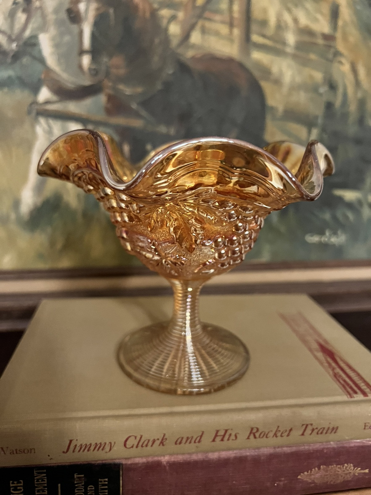 Carnival Glass Ruffled Edges Footed Marigold Orange Candy Dish Vintage